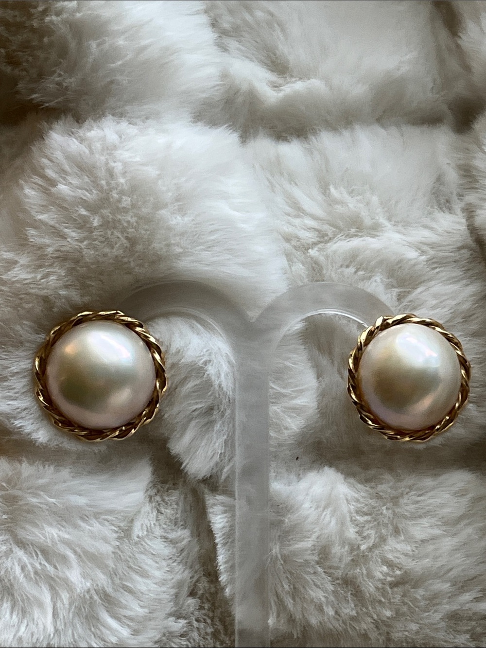 14K Yellow Gold 21MM Mabe Pearl Post Earrings with Rope Frame and Friction Backs